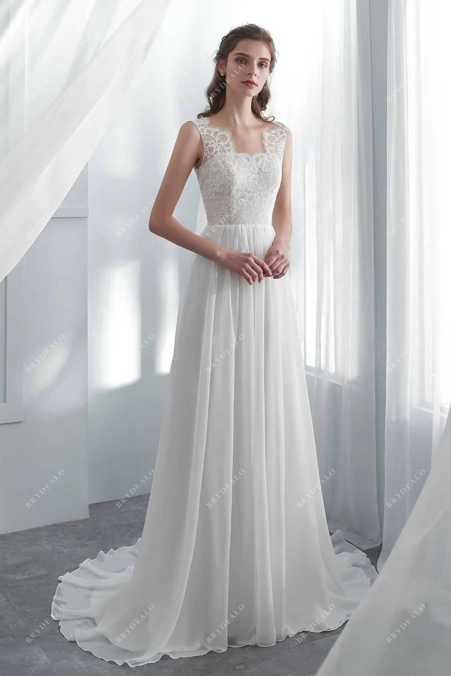 French Chantilly Lace Boho A-line Chiffon Wedding Dress