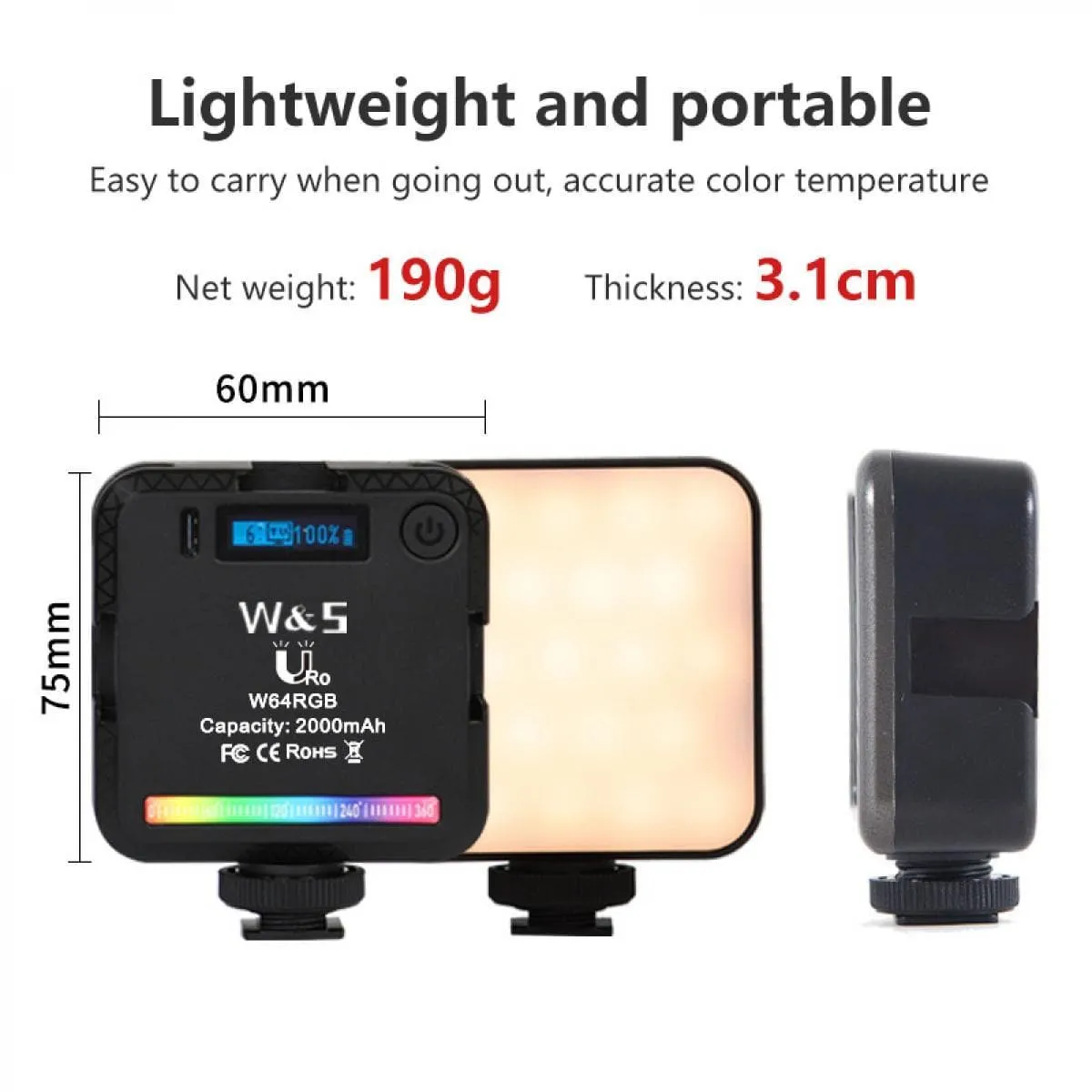 Full-color RGB fill light pocket light 6w, built-in 2000mah rechargeable battery, LED camera light, 20 scene modes, 0-100% stepless dimming, 2500-9000K, VLOG fill light live light with magnet adsorption function