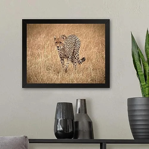 GADGETS WRAP Printed Photo Frame Matte Painting for Home Office Studio Living Room Decoration (11x9inch Black Framed) - African Cheetah On Landscape