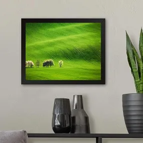 GADGETS WRAP Printed Photo Frame Matte Painting for Home Office Studio Living Room Decoration (11x9inch Black Framed) - Trees On Green Grass Field Scenery View