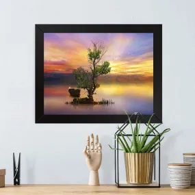 GADGETS WRAP Printed Photo Frame Matte Painting for Home Office Studio Living Room Decoration (17x11inch Black Framed) - Boat & Tree On Lake Sunset