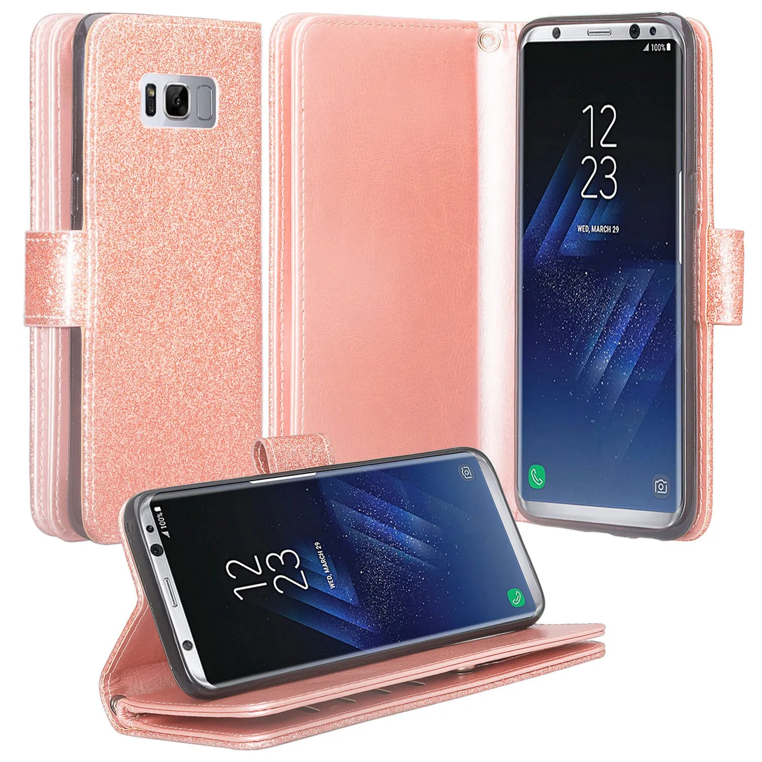 Galaxy S8 Plus Case, Samsung Galaxy S8 Plus Case, Glitter Faux Leather Flip Credit Card Holder Wrist Strap Shockproof Protective Wallet Case Clutch for Samsung Galaxy S8 Plus - Rose Gold