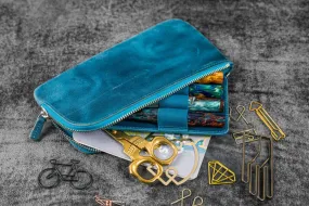 Galen Leather Slip-N-Zip 4 Slots Zippered Pen Pouch in Crazy Horse Ocean Blue