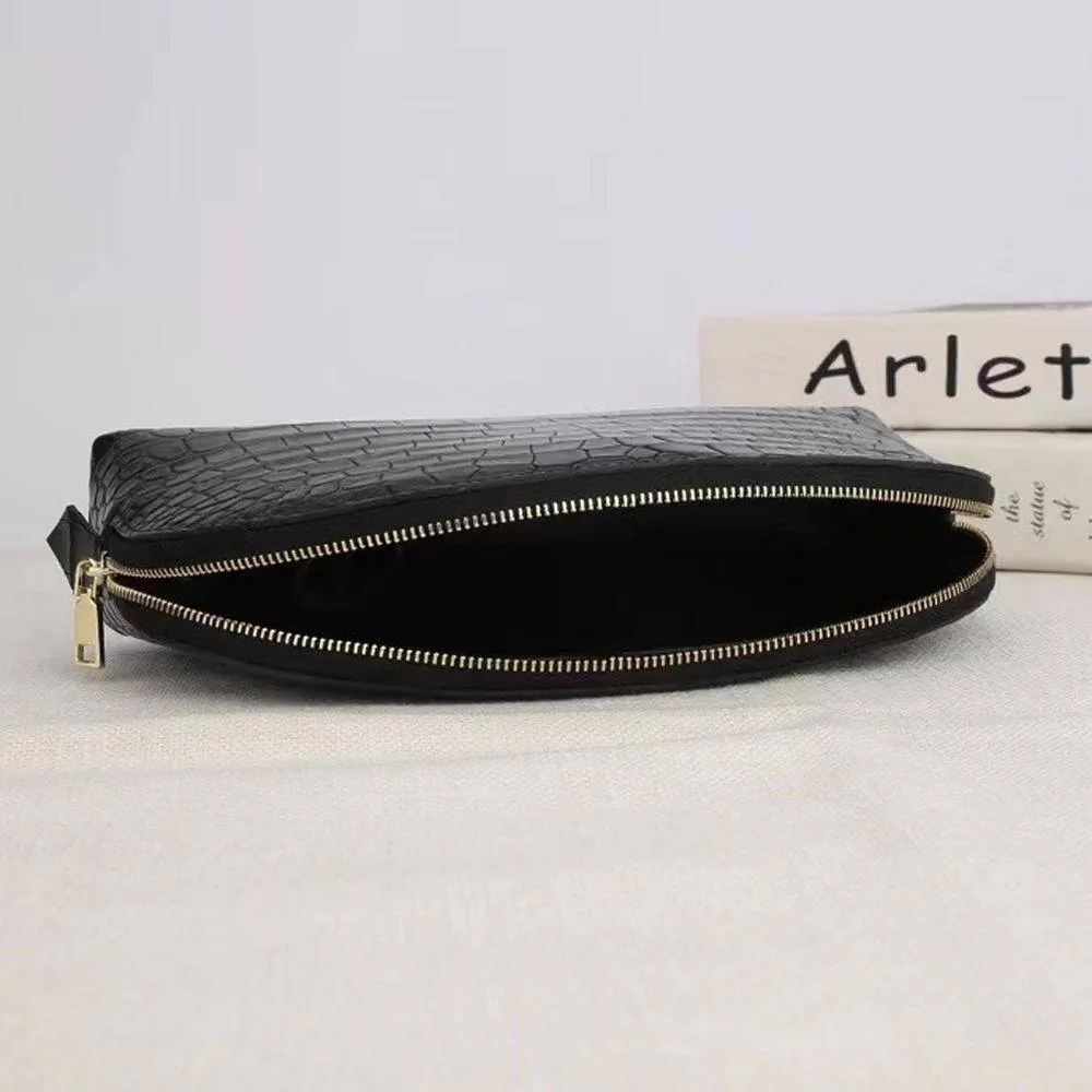 Genuine Croc Leather Cosmetic Pouch Moon Bag - Black