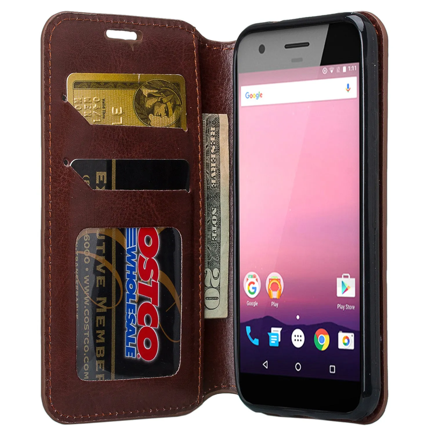 Google Pixel Case, Pu Leather Magnetic Fold[Kickstand] Wallet Case with ID & Card Slots for Google Pixel - Brown