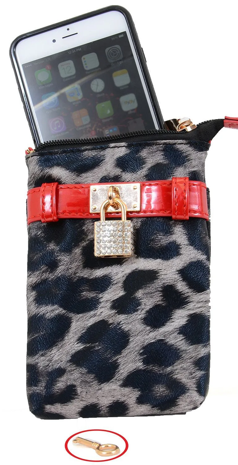 Grey Leopard Lock & Key Faux Leather Crossbody Cellphone Case