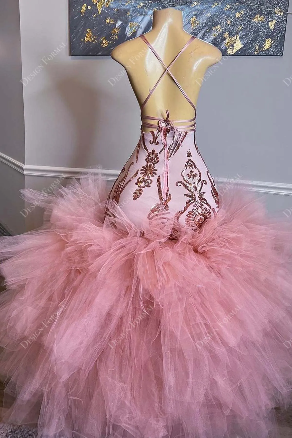 Halter Neck Rose Gold Sequin Trumpet Tulle Handmade Prom Dress