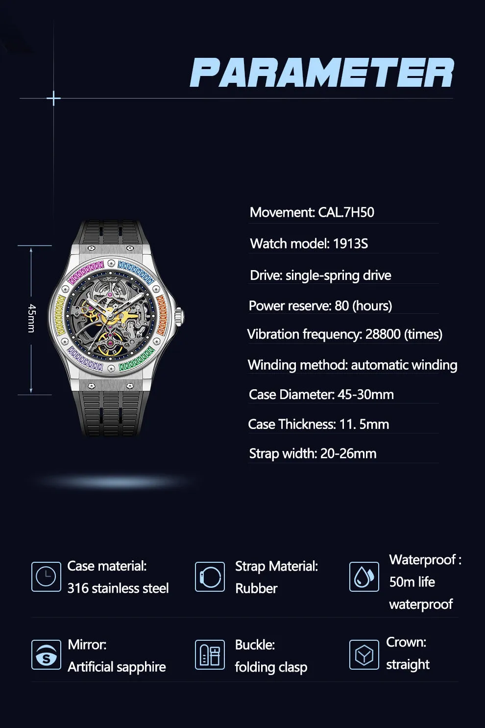 HAOFA Automatic Sapphire Mechanical Rainbow Watch Luxury Skeleton Rhinestone Case Waterproof 1913S