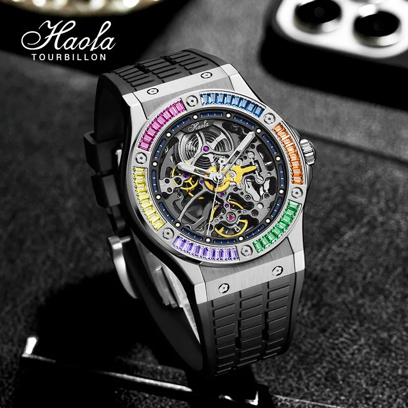 HAOFA Automatic Sapphire Mechanical Rainbow Watch Luxury Skeleton Rhinestone Case Waterproof 1913S