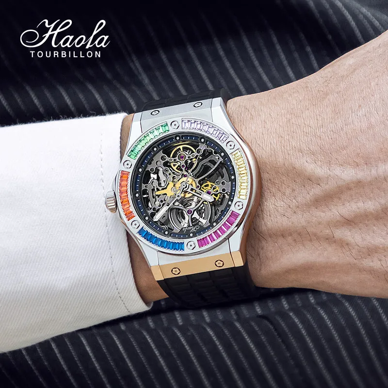 HAOFA Automatic Sapphire Mechanical Rainbow Watch Luxury Skeleton Rhinestone Case Waterproof 1913S