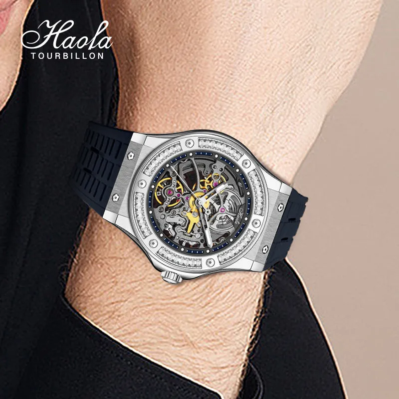 HAOFA Automatic Sapphire Mechanical Rainbow Watch Luxury Skeleton Rhinestone Case Waterproof 1913S