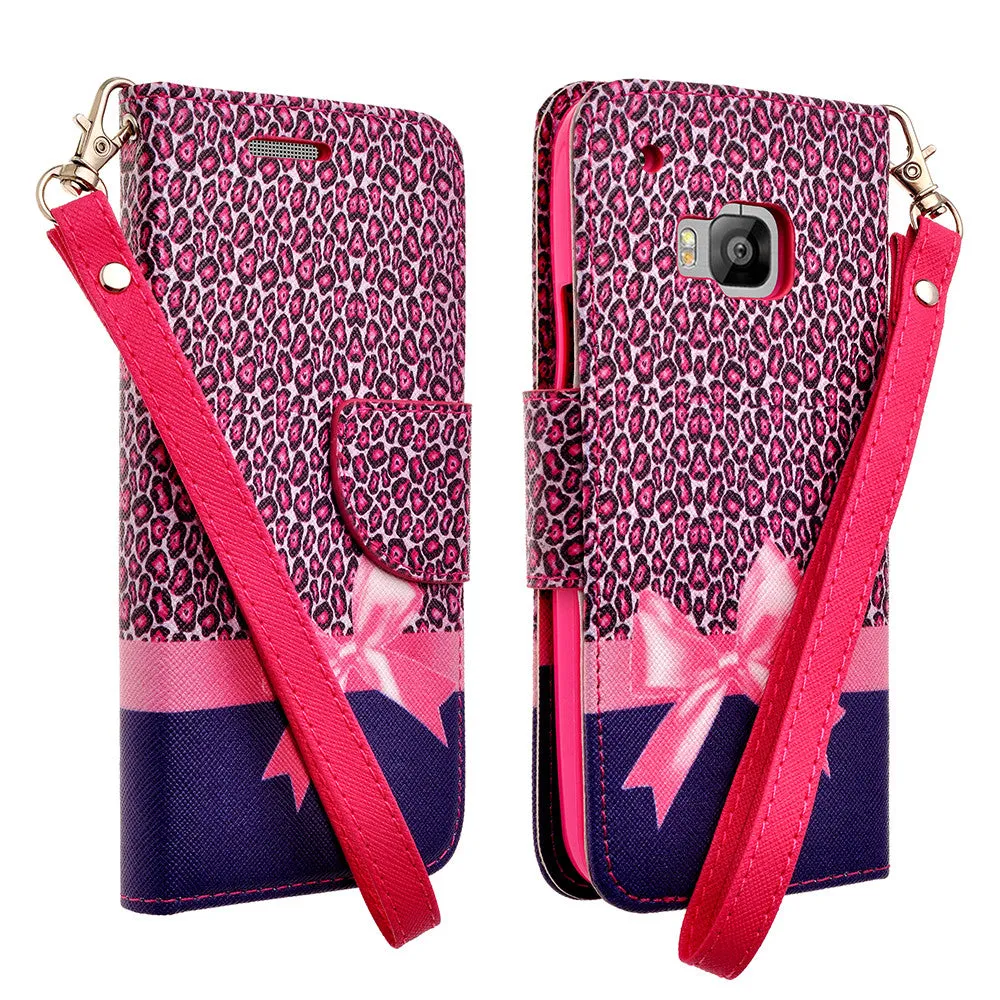 HTC One M9 Case, Wrist Strap Magnetic Flip Fold[Kickstand] Pu Leather Wallet Case with ID & Card Slots - Cheetah Prints