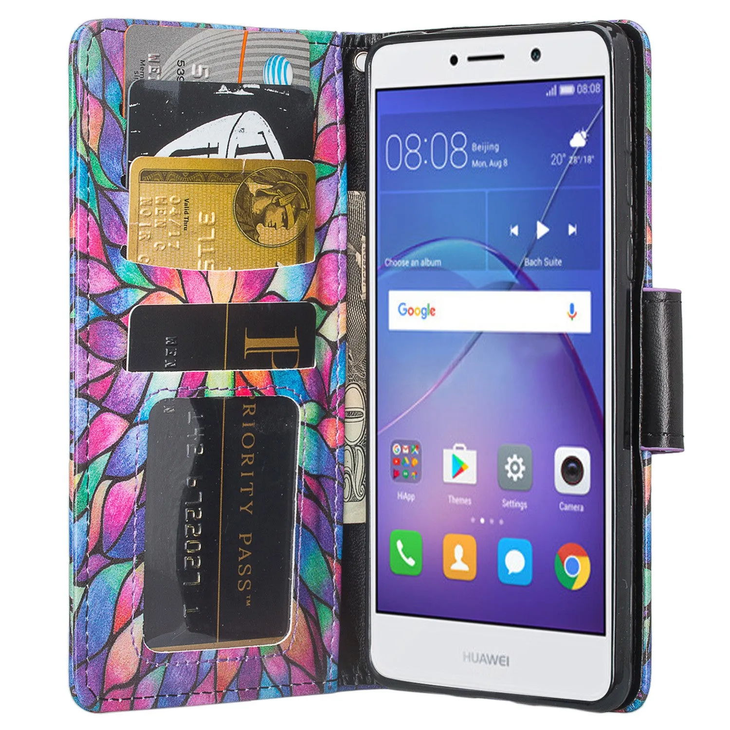 Huawei Honor 6X Case, Mate 9 Lite, GR5 2017 Wrist Strap Pu Leather Magnetic Flip Fold[Kickstand] Wallet Case with ID & Card Slots for Mate 9 Lite - Rainbow Flower