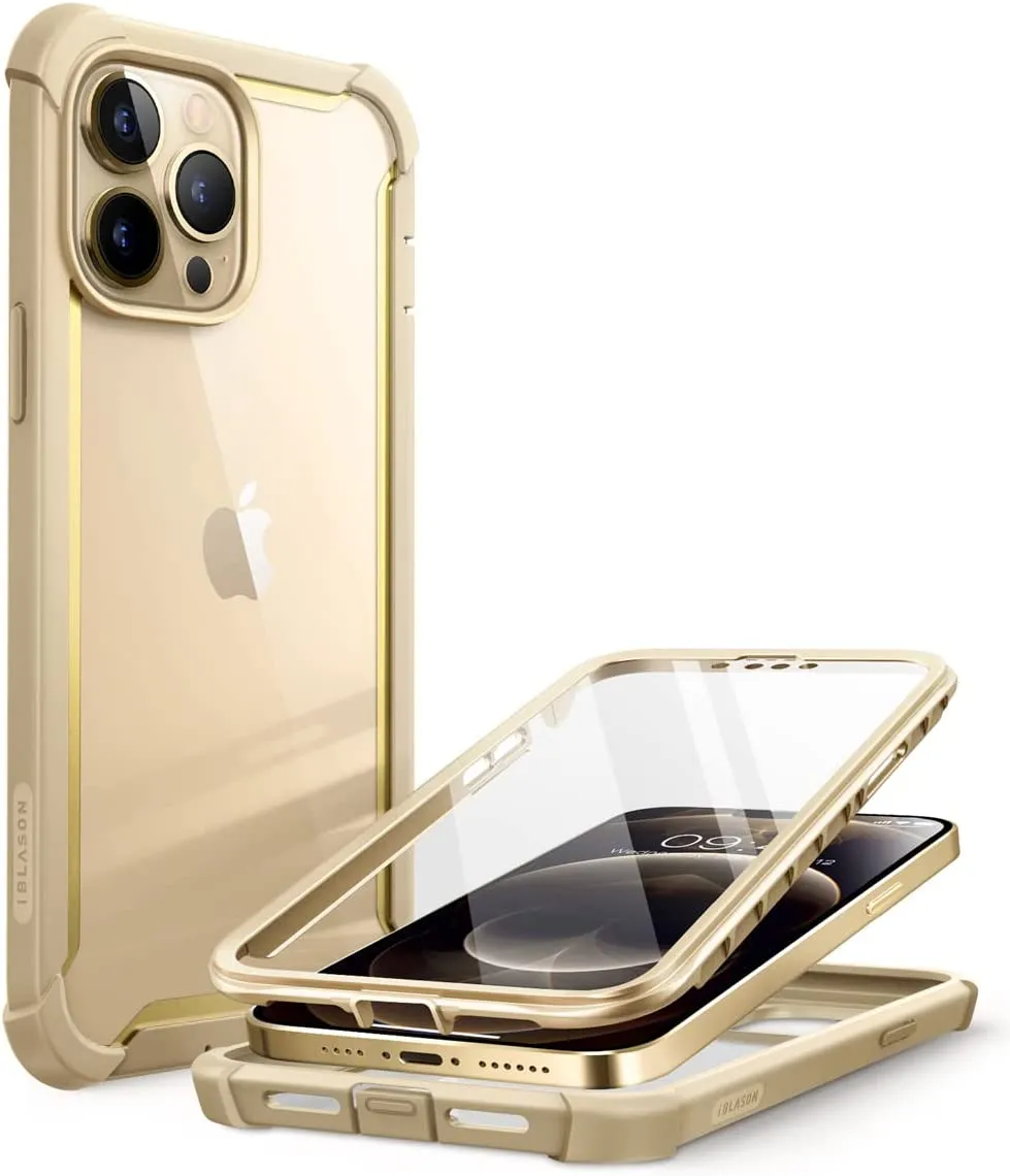 iPhone 13 Pro Max 6.7 inch Dual Layer Rugged Bumper Case Screen Protector Beige/Gold