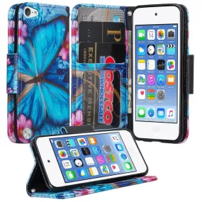 iPod Touch 5 / Ipod Touch 6 Wallet Case, Slim Strap Flip Folio [Kickstand] Pu Leather Wallet Case with ID & Credit Card Slots - Blue Butterfly