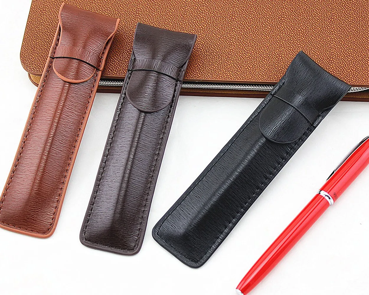 Leather Pen Pouch with Clasp 2 Pieces Single Pen Case