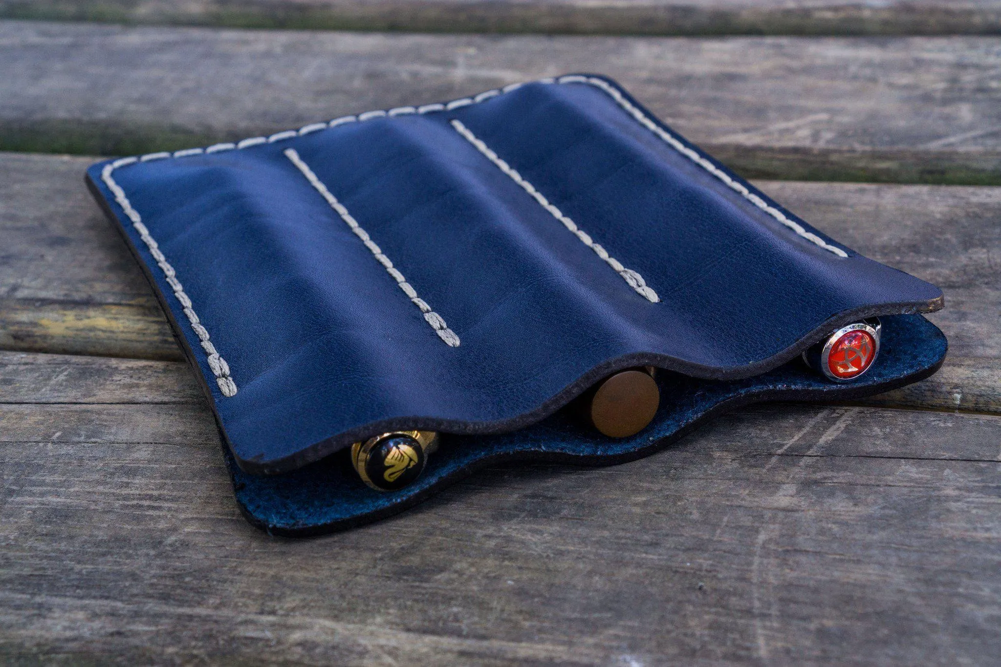 Leather Triple Fountain Pen Case / Pen Pouch - Navy Blue