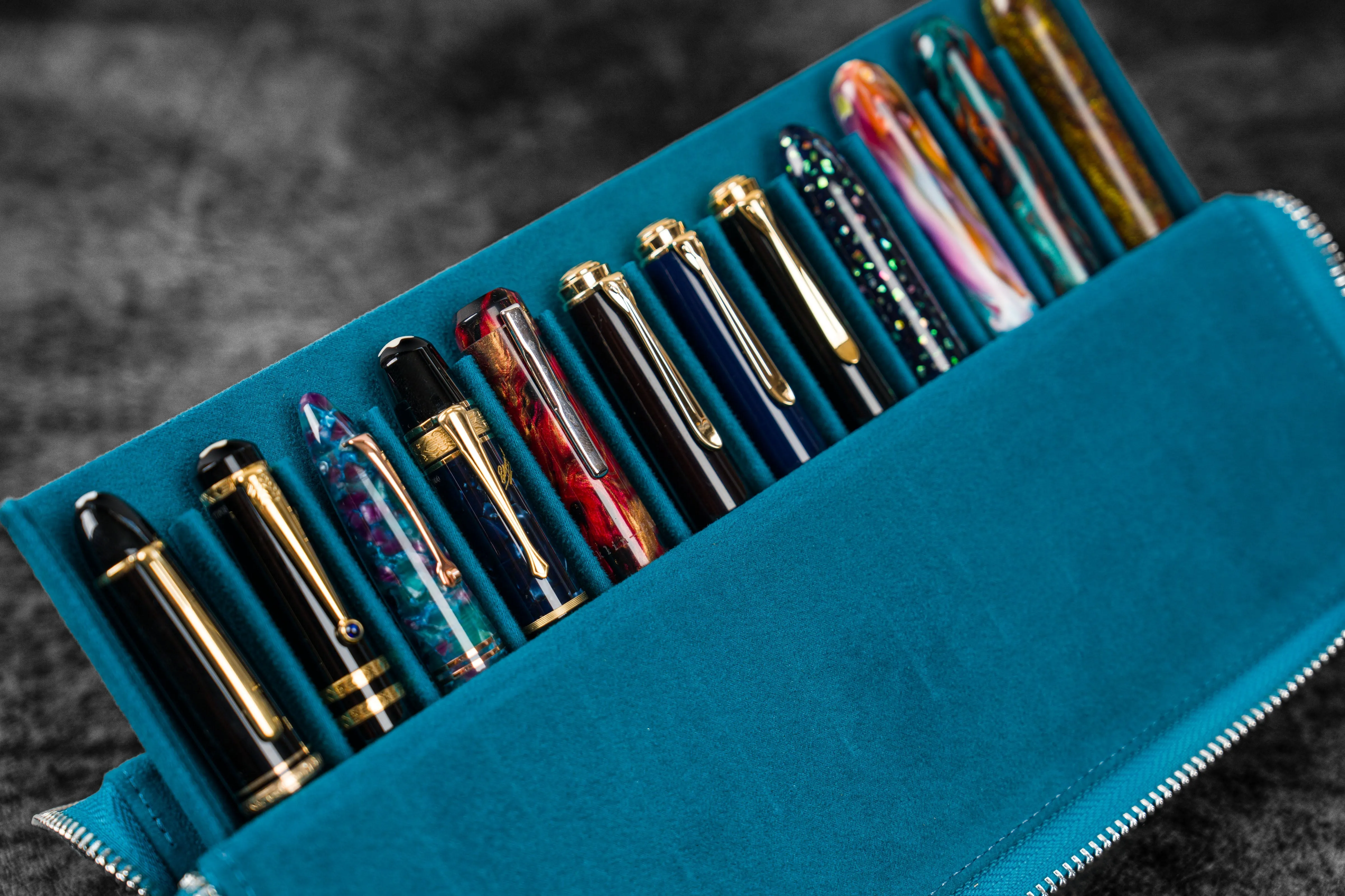 Leather Zippered Magnum Opus 12 Slots Hard Pen Case with Removable Pen Tray - C. H. Ocean Blue