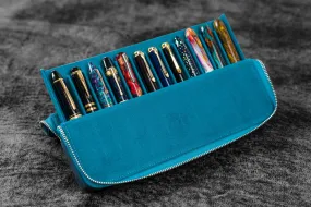 Leather Zippered Magnum Opus 12 Slots Hard Pen Case with Removable Pen Tray - C. H. Ocean Blue