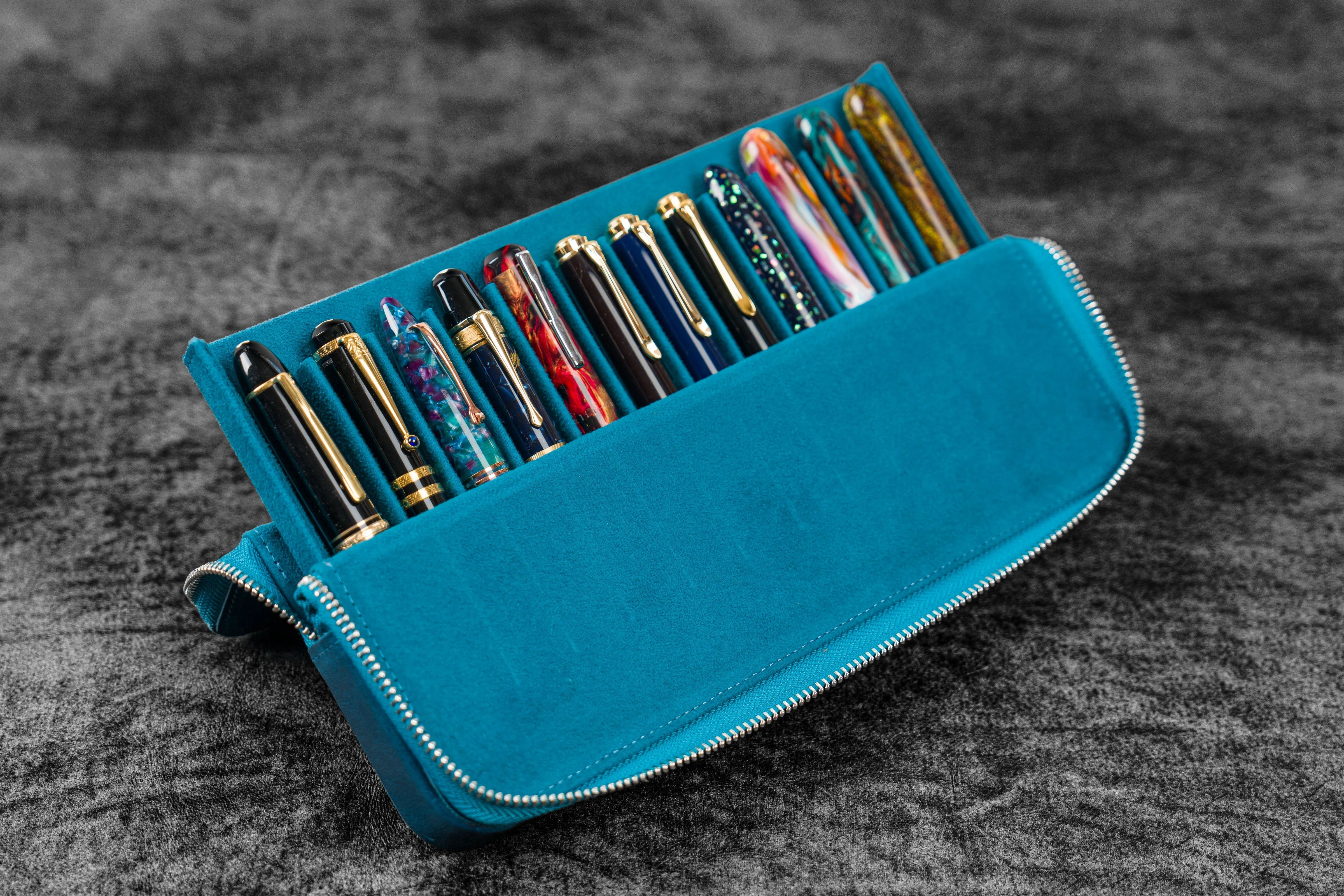 Leather Zippered Magnum Opus 12 Slots Hard Pen Case with Removable Pen Tray - C. H. Ocean Blue