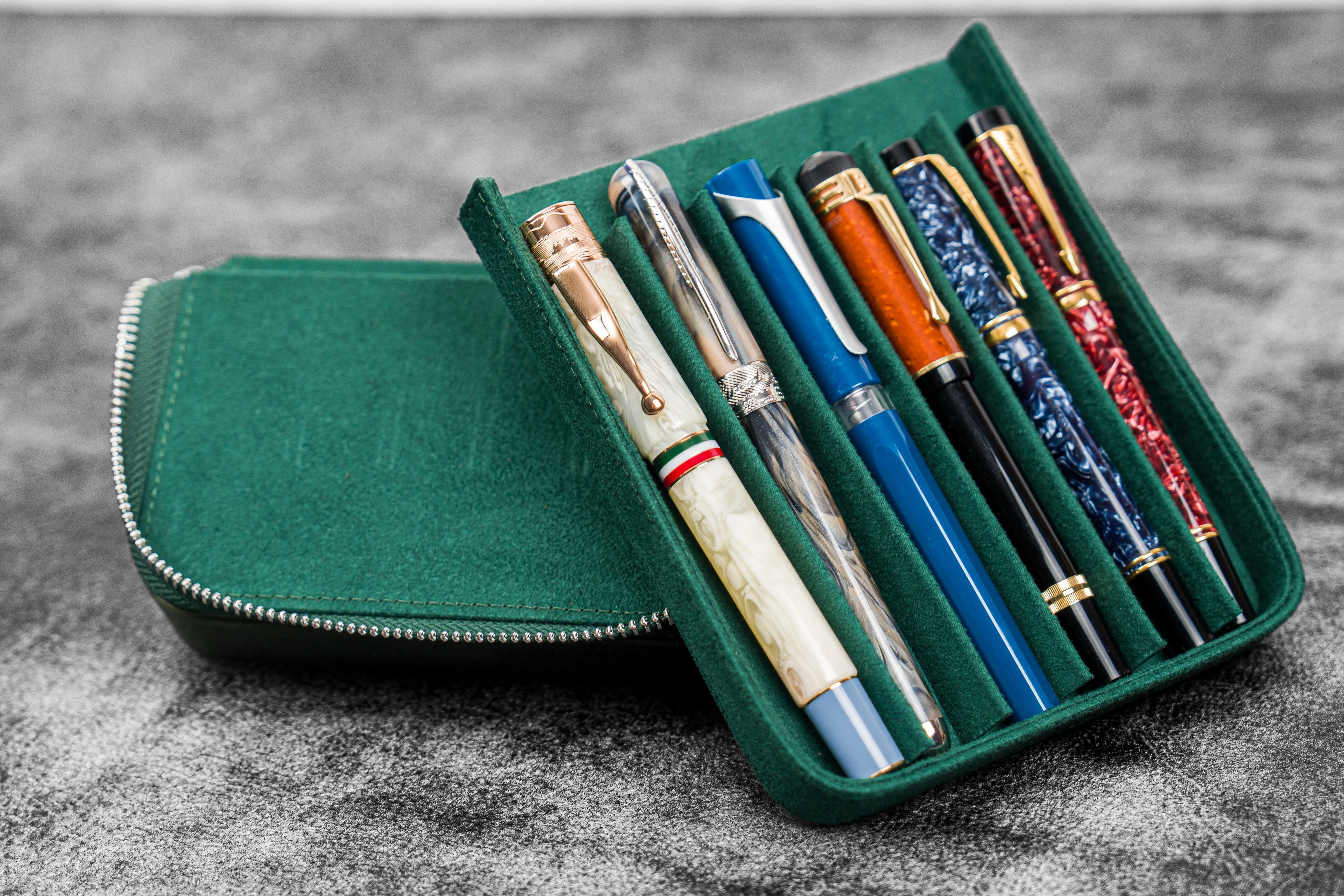 Leather Zippered Magnum Opus 6 Slots Hard Pen Case with Removable Pen Tray - Crazy Horse Forest Green