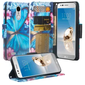 LG Aristo 2 Plus Case, Aristo 2, LG Tribute Dynasty, Rebel 3, Zone 4, Slim Flip Folio [Kickstand] Pu Leather Wallet Wristlet Cover Slots & Wrist Strap - Blue Butterfly