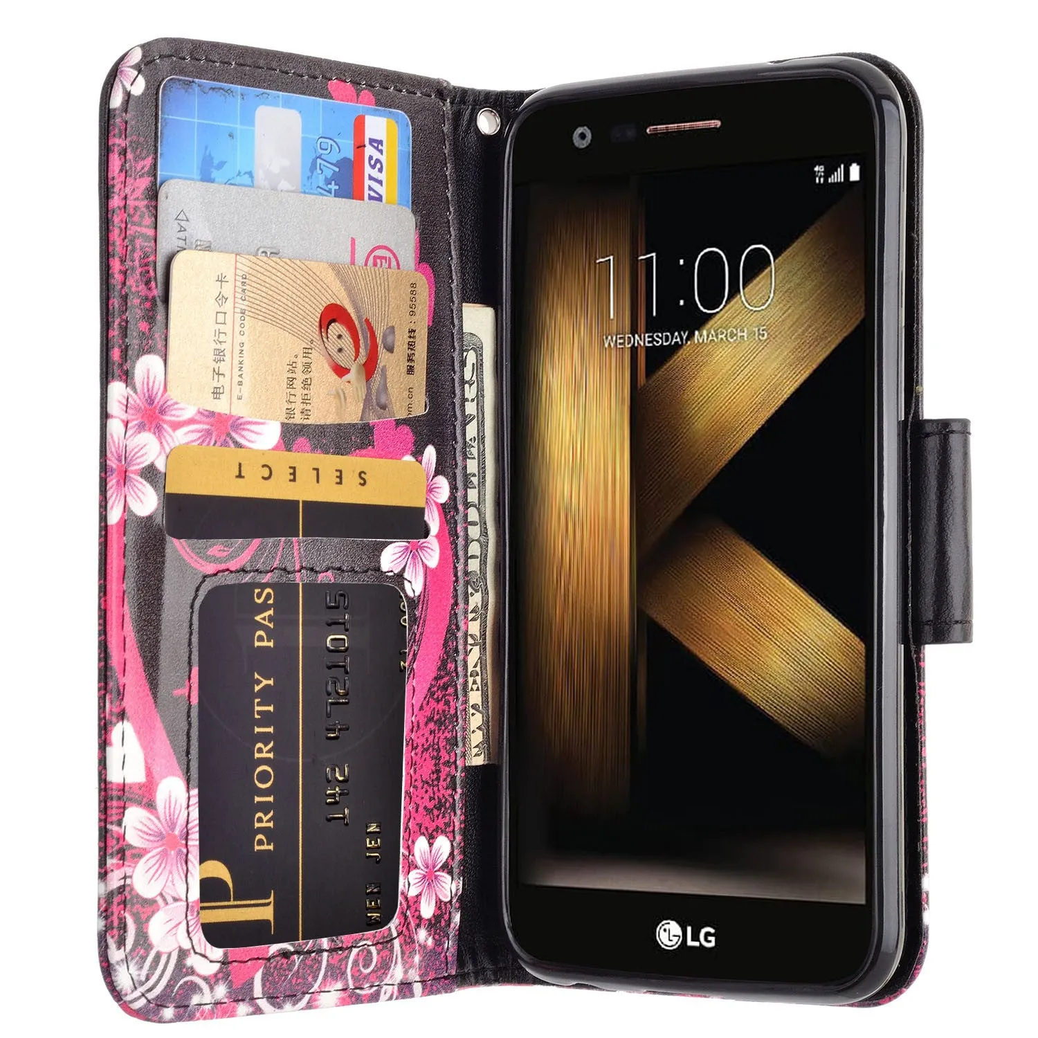 LG K20 Plus Case, LG K20 V, K10 2017 Wrist Strap Pu Leather Magnetic Flip Fold[Kickstand] Wallet Case with ID & Card Slots - Heart Butterflies