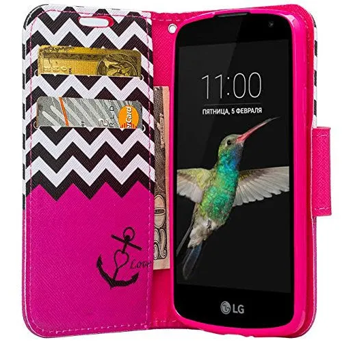 LG Optimus Zone 3 Cases | LG K4 Cases | LG Spree Cases | LG Rebel Cases, Wrist Strap Magnetic Flip Folio [Kickstand Feature] Pu Leather Wallet Case with ID & Credit Card Slot - Hot Pink Anchor