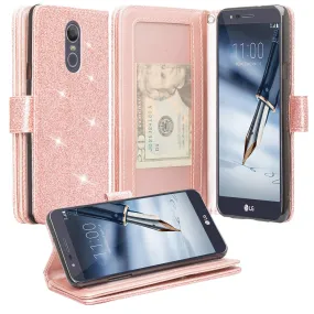 LG Stylo 4 Case, Stylo 4 Plus, Q Stylus Glitter Faux Leather Flip Credit Card Holder Wrist Strap Shockproof Protective Wallet Case Clutch - Rose Gold