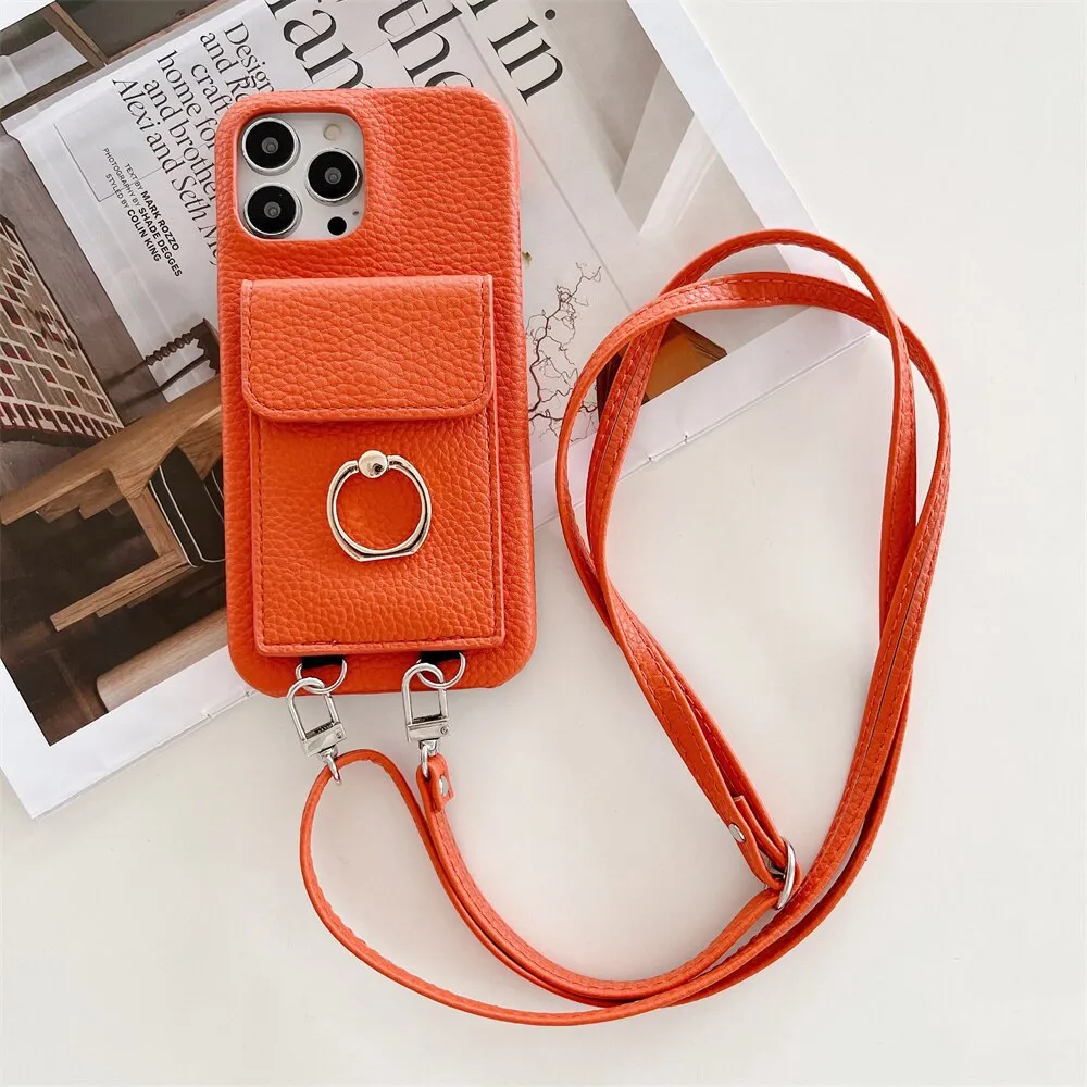 Luxury Lychee Leather Card Wallet Phone Case With Ring Buckle Bracket Crossbody Lanyard Case For iPhone