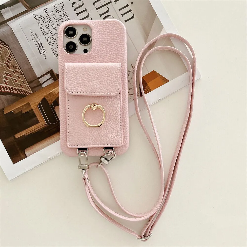 Luxury Lychee Leather Card Wallet Phone Case With Ring Buckle Bracket Crossbody Lanyard Case For iPhone