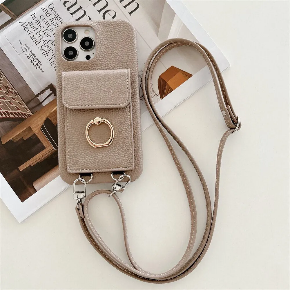 Luxury Lychee Leather Card Wallet Phone Case With Ring Buckle Bracket Crossbody Lanyard Case For iPhone