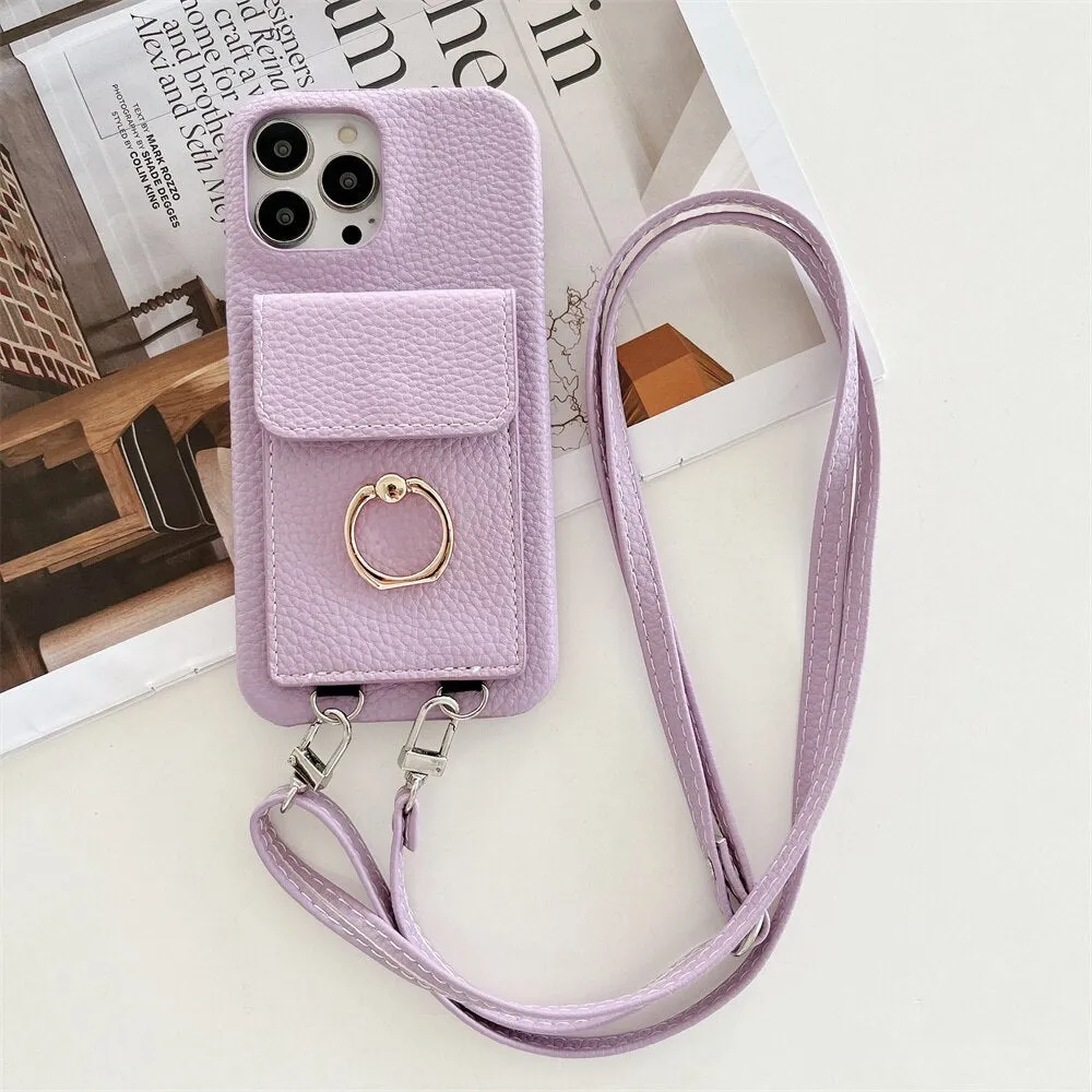 Luxury Lychee Leather Card Wallet Phone Case With Ring Buckle Bracket Crossbody Lanyard Case For iPhone