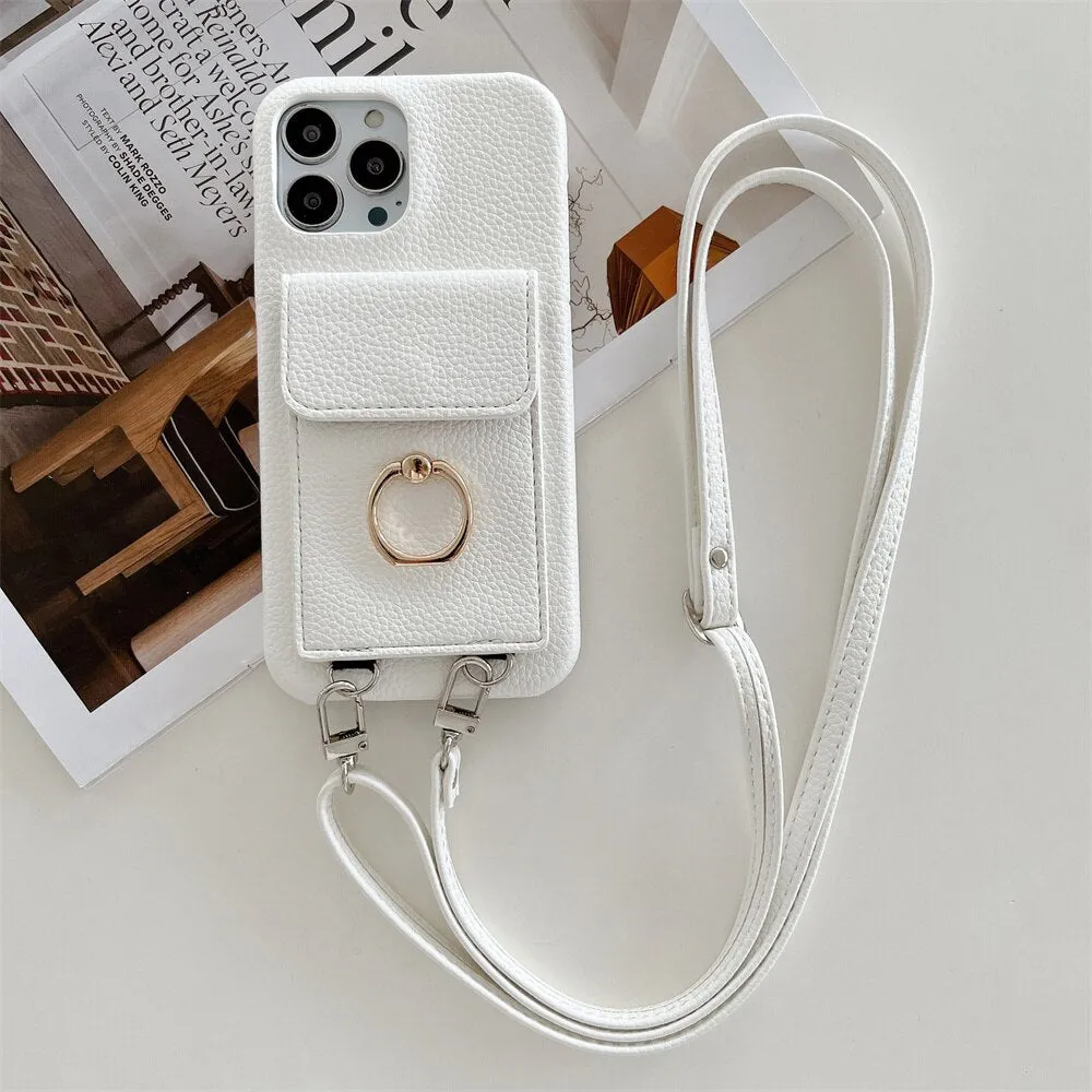 Luxury Lychee Leather Card Wallet Phone Case With Ring Buckle Bracket Crossbody Lanyard Case For iPhone