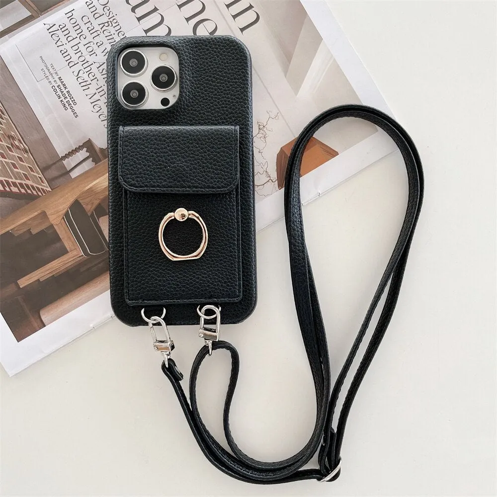 Luxury Lychee Leather Card Wallet Phone Case With Ring Buckle Bracket Crossbody Lanyard Case For iPhone