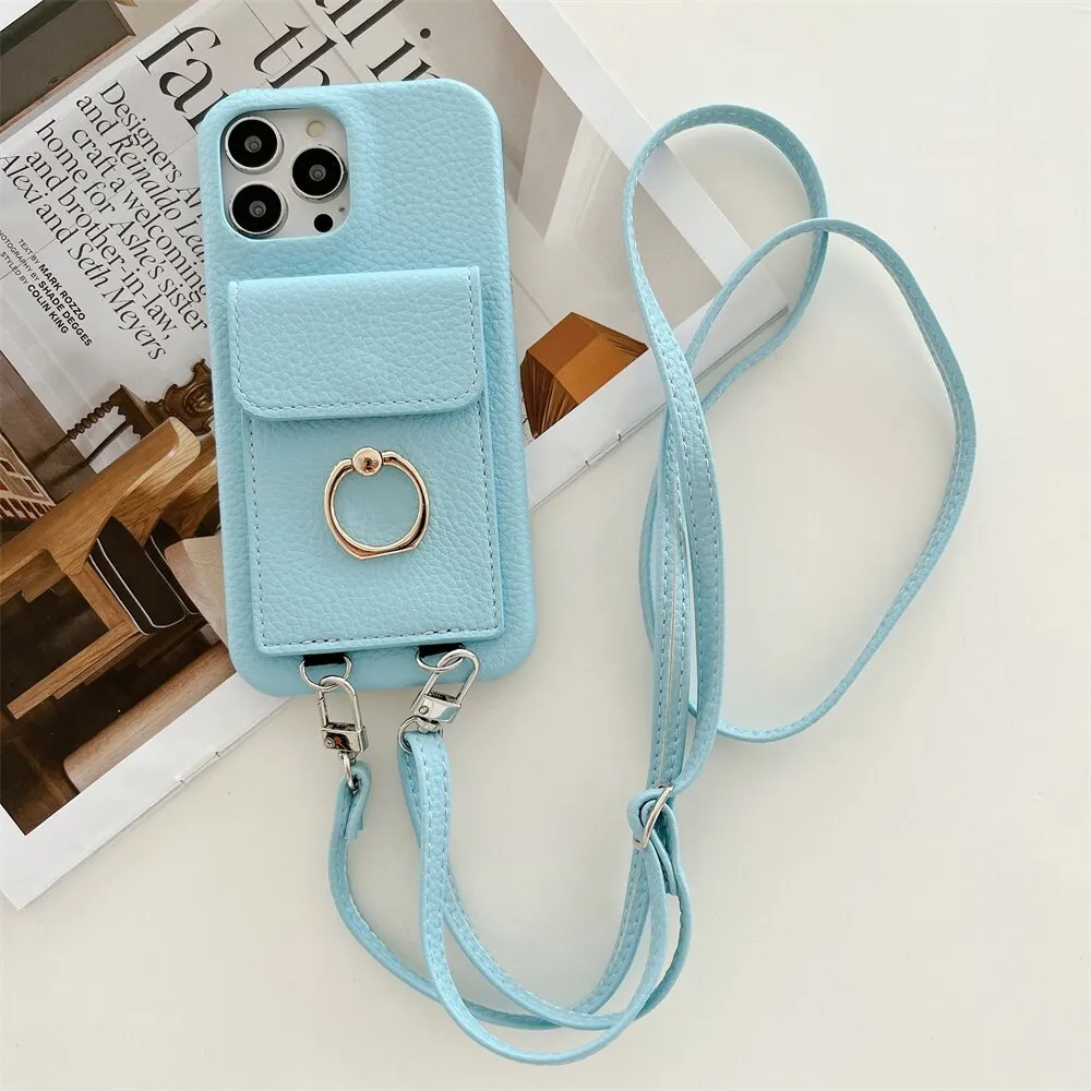 Luxury Lychee Leather Card Wallet Phone Case With Ring Buckle Bracket Crossbody Lanyard Case For iPhone