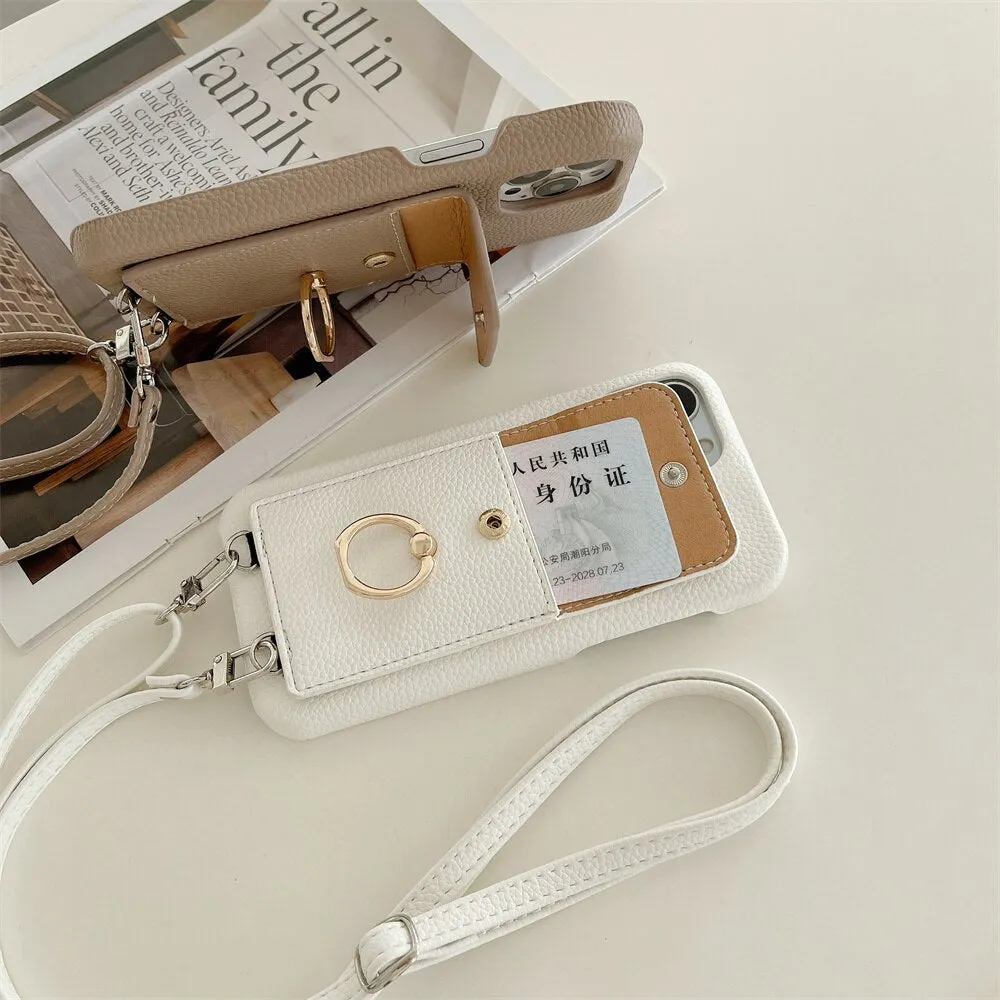 Luxury Lychee Leather Card Wallet Phone Case With Ring Buckle Bracket Crossbody Lanyard Case For iPhone