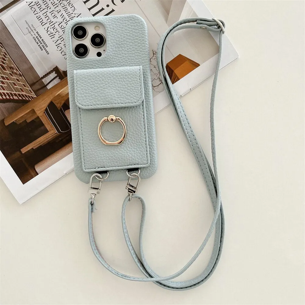 Luxury Lychee Leather Card Wallet Phone Case With Ring Buckle Bracket Crossbody Lanyard Case For iPhone