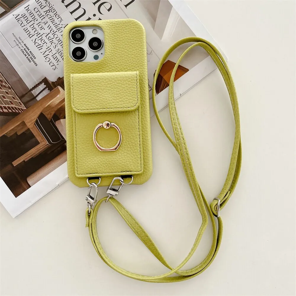 Luxury Lychee Leather Card Wallet Phone Case With Ring Buckle Bracket Crossbody Lanyard Case For iPhone