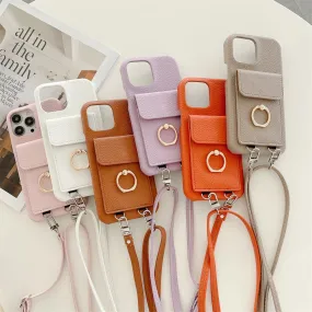 Luxury Lychee Leather Card Wallet Phone Case With Ring Buckle Bracket Crossbody Lanyard Case For iPhone