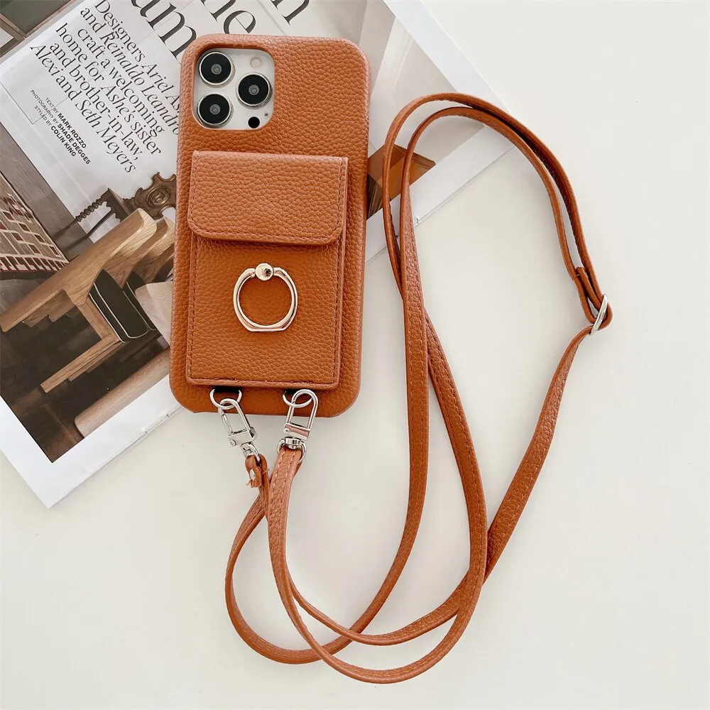 Luxury Lychee Leather Card Wallet Phone Case With Ring Buckle Bracket Crossbody Lanyard Case For iPhone