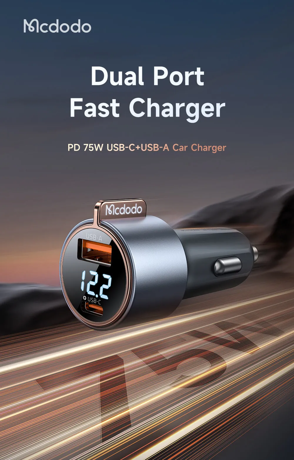 Mcdodo CC-369 | 75W PD Car Charger With Digital Display | Dual Ports (Type-C & USB)