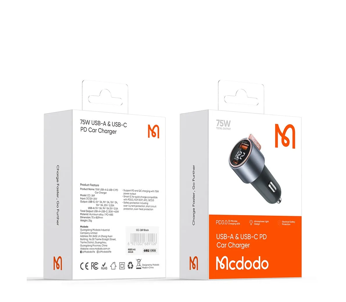 Mcdodo CC-369 | 75W PD Car Charger With Digital Display | Dual Ports (Type-C & USB)