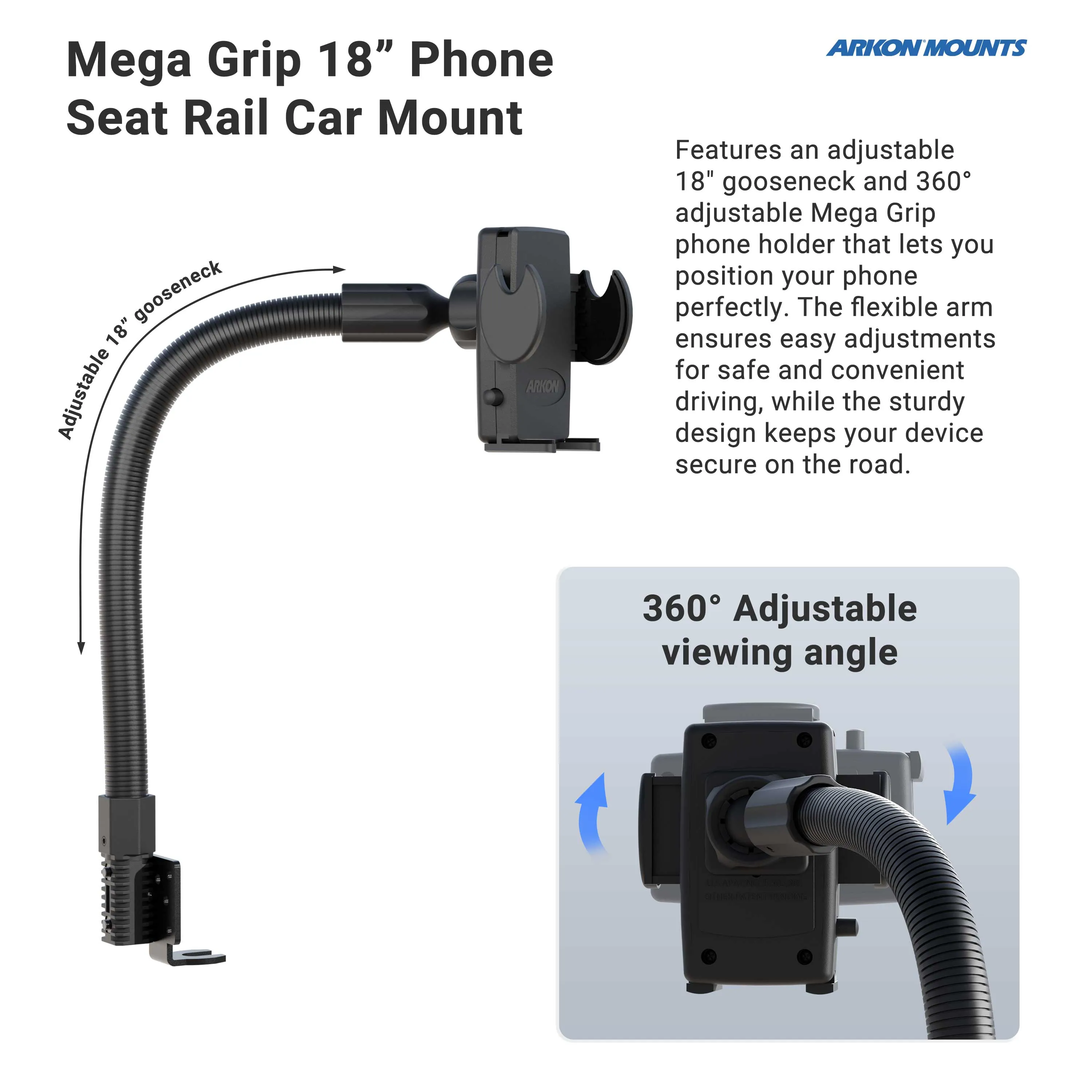 Mega Grip™ Phone Holder with Car Seat Rail Mount and 18" Gooseneck