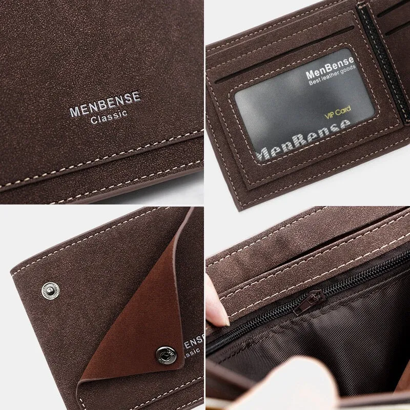 Men PU Matte Leather 9 Card Slot Card Holder Fashion Short Bifold Outer Button Coin Purse Money Clip Wallet