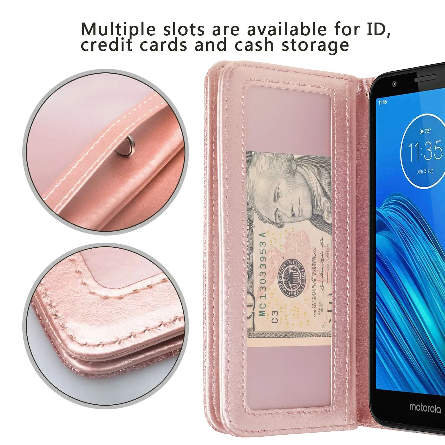 Motorola Moto E6 Case, Moto E6 Case, Glitter Faux Leather Flip Credit Card Holder Wrist Strap Shockproof Protective Wallet Case Clutch for Motorola Moto E6 - Rose Gold