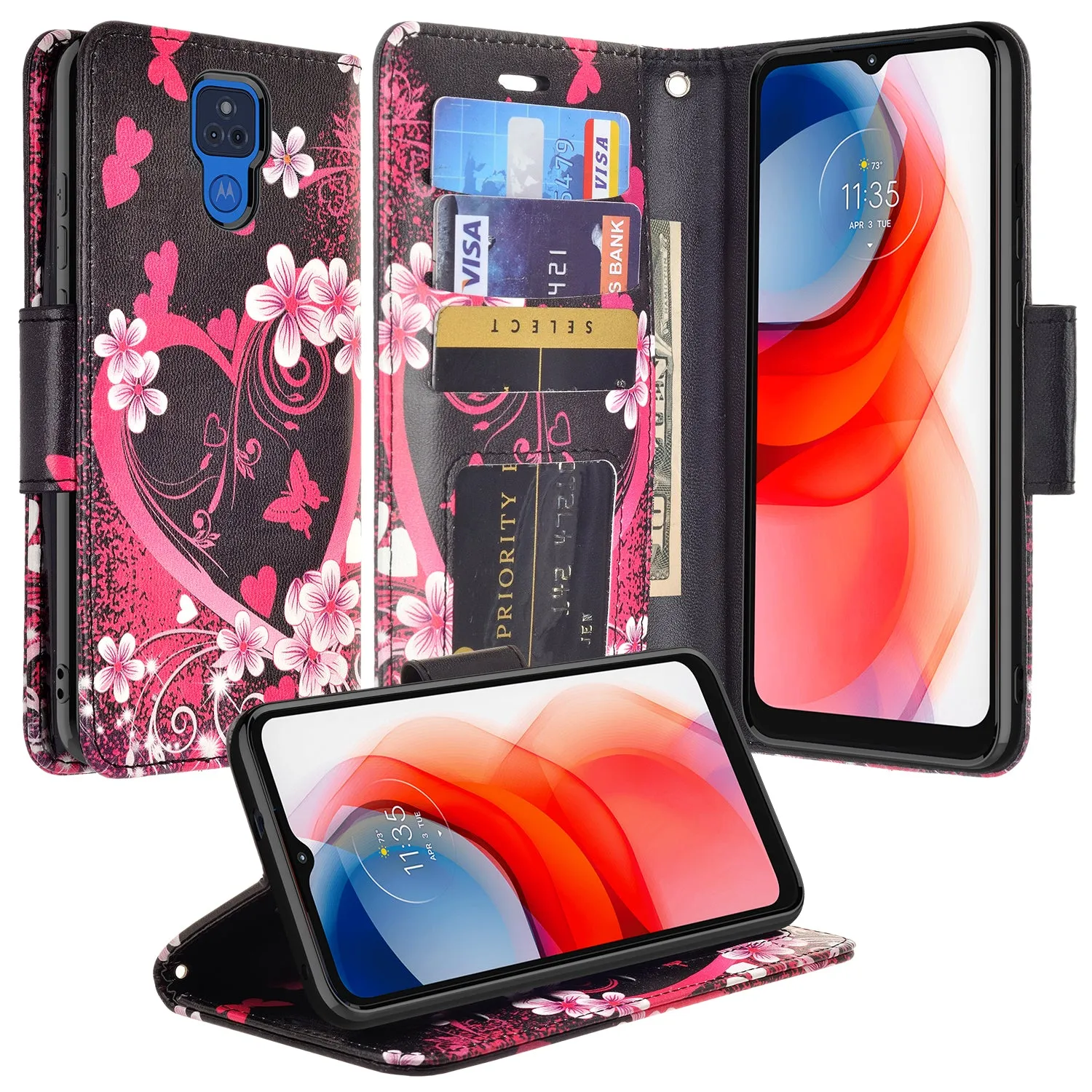 Motorola moto g play 2021 Case, moto g play 2021 Wallet Case, Wrist Strap Pu Leather Wallet Case [Kickstand] with ID & Credit Card Slots - Heart Butterflies