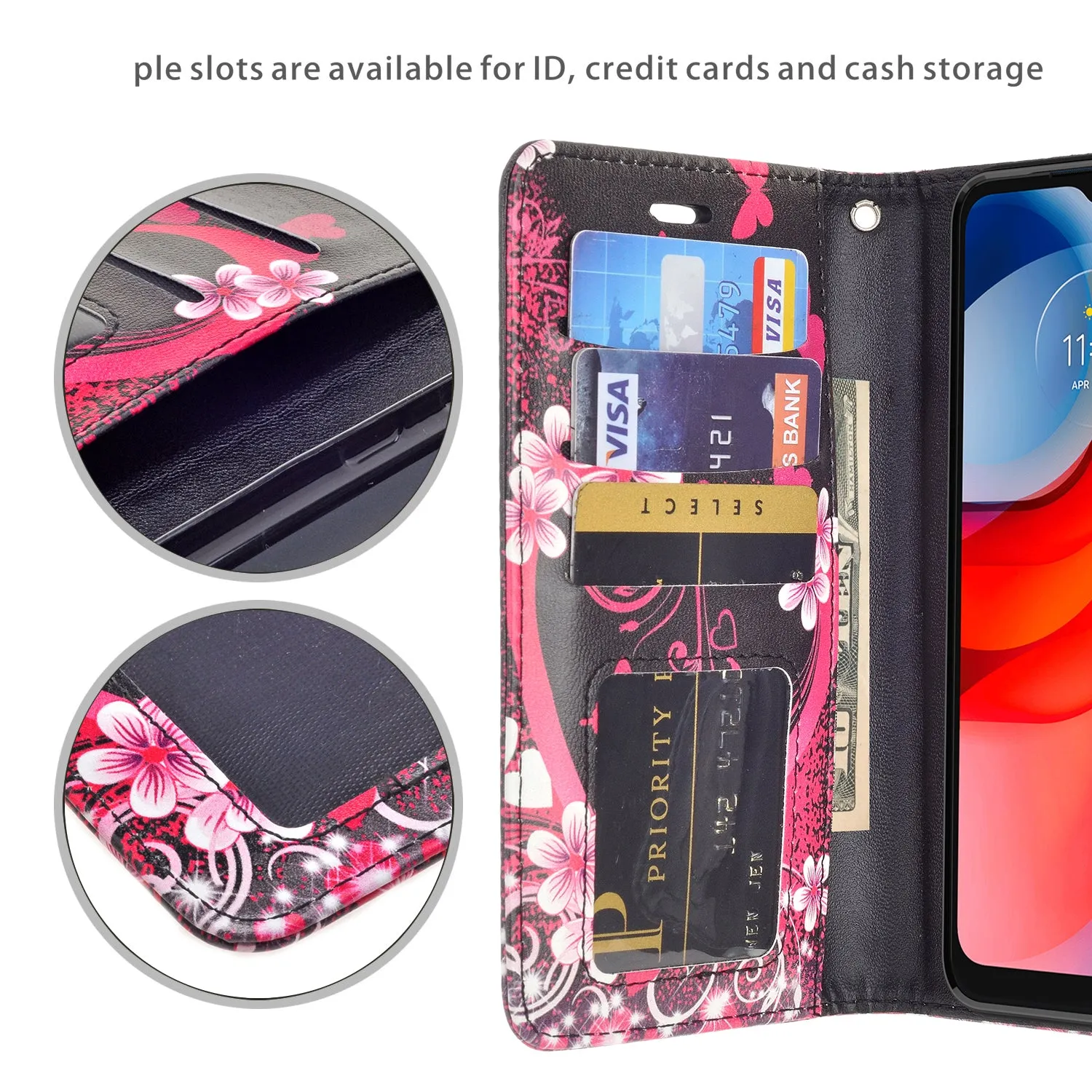 Motorola moto g play 2021 Case, moto g play 2021 Wallet Case, Wrist Strap Pu Leather Wallet Case [Kickstand] with ID & Credit Card Slots - Heart Butterflies