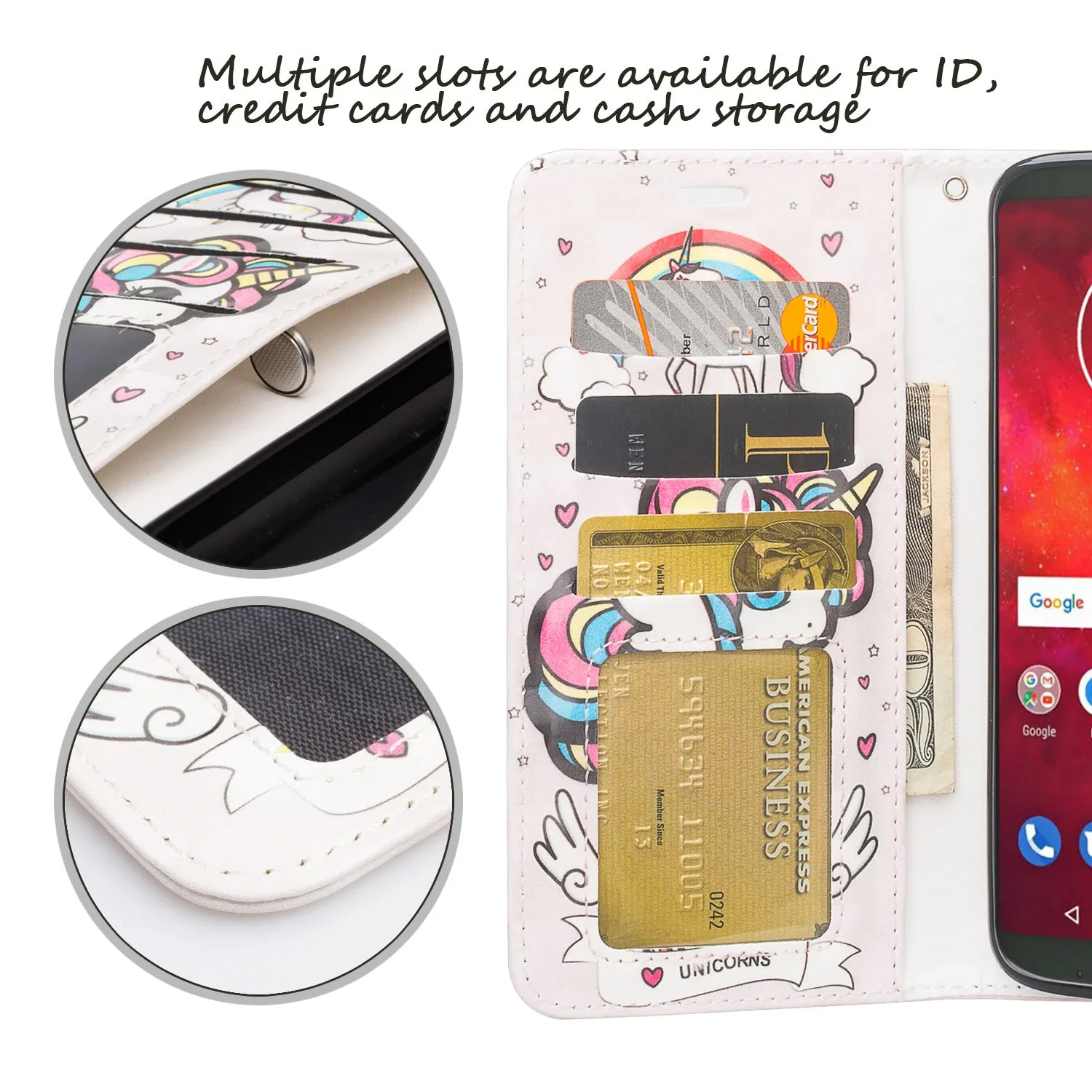 Motorola Moto Z3 Play Case, Moto Z3 Play Wallet Case, Wrist Strap Pu Leather Wallet Case [Kickstand] with ID & Credit Card Slots - White Unicorn 2