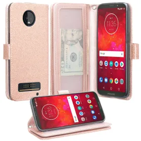 Motorola Moto Z3 Play Case, [Wrist Strap] Glitter Faux Leather Flip [Kickstand Feature] Protective Wallet Case Cover Clutch - Rose Gold